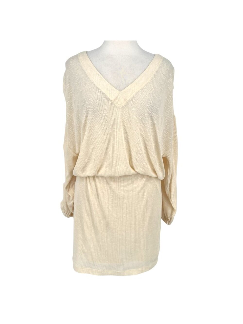 Free People Beach Bambi Mini Dress Ruched Sleeve V-Neck Ivory Cream Size Large